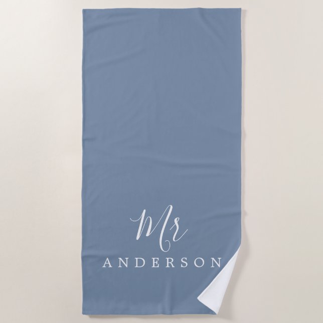 Chic Future Mr. Faded Denim Blue Monogram Strandtuch (Vorderseite)