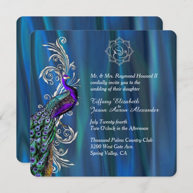 Chic Ganesha 3 Blue Satin and Peacock Wedding  Einladung (Vorne/Hinten)