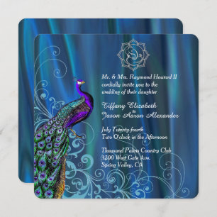 Chic Ganesha Blue Satin and Peacock Wedding  Einladung