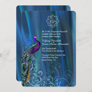 Chic Ganesha Blue Satin and Peacock Wedding Invit Einladung