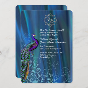 Chic Ganesha Blue Satin and Peacock Wedding Invit Einladung