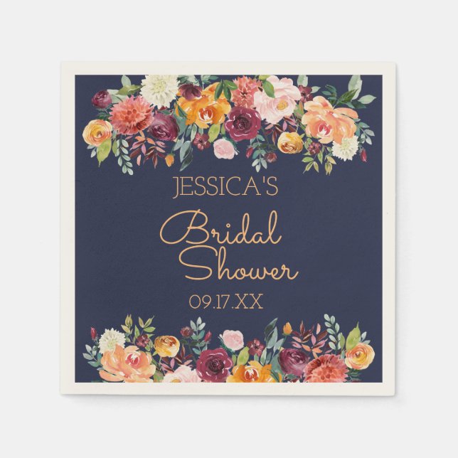 Chic Garden Floral Navy Blue Personalisiert Napkin Serviette (Vorderseite)