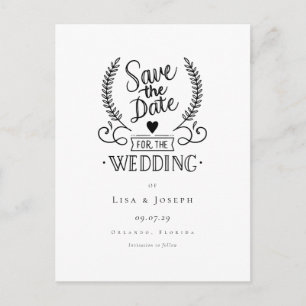 Chic Garland Black und White Script Save the Date Ankündigungspostkarte