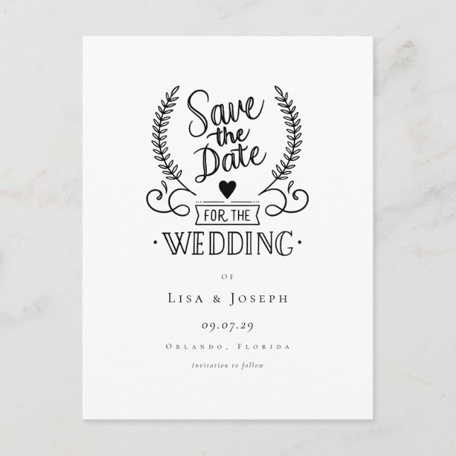 Chic Garland Black und White Script Save the Date Postkarte (Vorderseite)