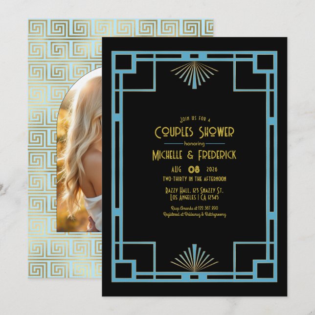 Chic Gatsby Art Deco Blue & Gold Couples Shower Einladung (Vorne/Hinten)
