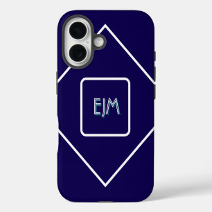 Chic Geometric Blau und Weiß Mit Monogramm iPhone 16 Hülle