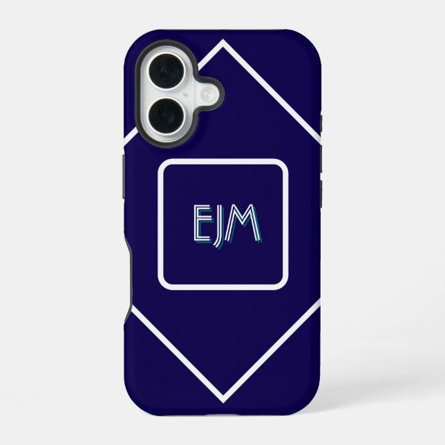 Chic Geometric Blau und Weiß Mit Monogramm iPhone 16 Hülle (Rückseite)