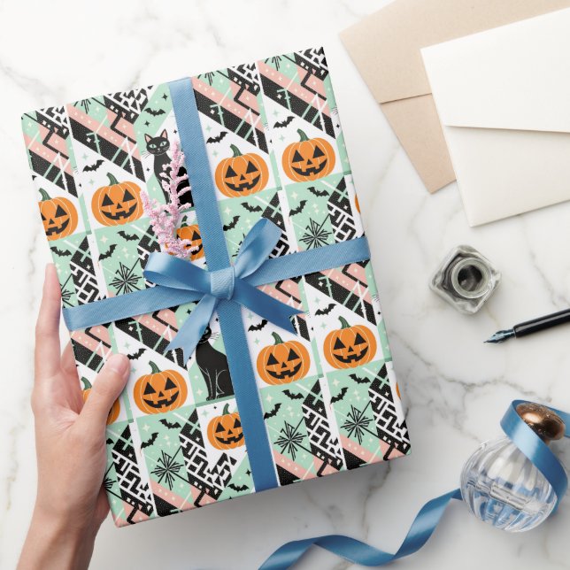 Chic Geometric Pastel Black Cat Pumpkin Halloween Geschenkpapier (Schenken)