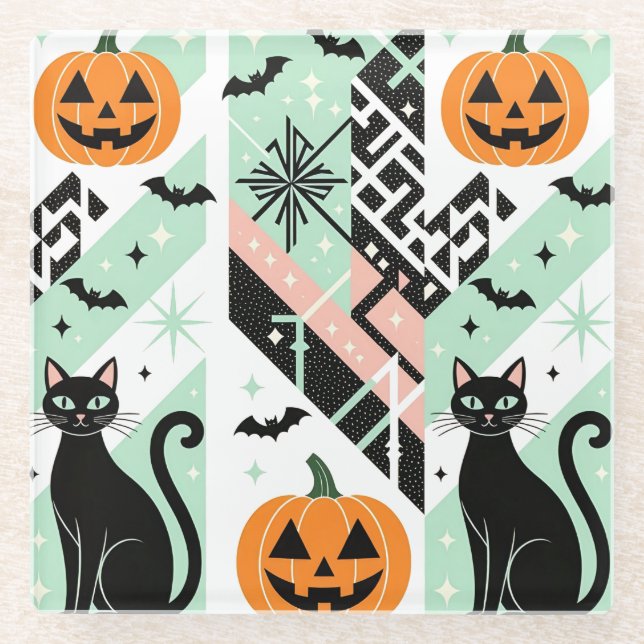 Chic Geometric Pastel Black Cat Pumpkin Halloween Glasuntersetzer (Vorderseite)