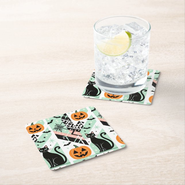 Chic Geometric Pastel Black Cat Pumpkin Halloween Rechteckiger Pappuntersetzer (Vor Ort)