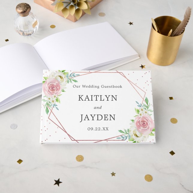 Chic Geometric Rose Gold Foil Floral Wedding Gästebuch (Vorderseite Offen)