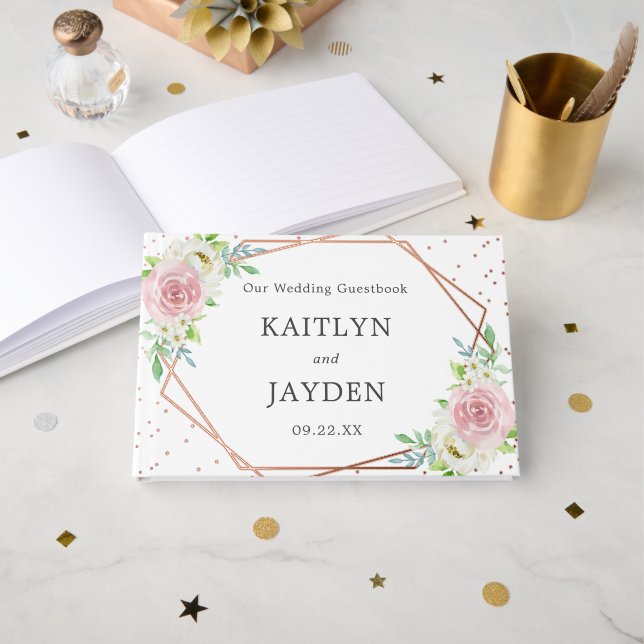 Chic Geometric Rose Gold Foil Floral Wedding Gästebuch (Vorderseite Offen)