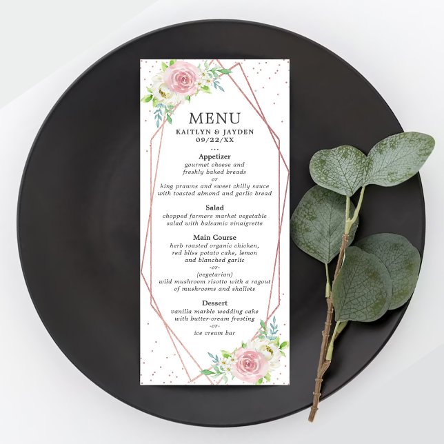 Chic Geometric Rose Gold Foil Floral Wedding Menükarte (Von Creator hochgeladen)