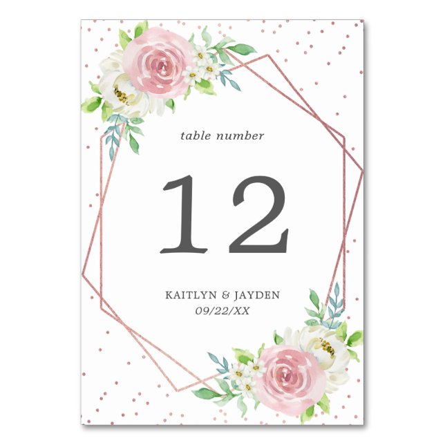 Chic Geometric Rose Gold Foil Floral Wedding Tischnummer (Vorderseite)