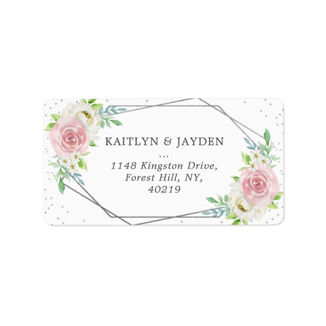 Chic Geometric Silver Foil Floral Wedding Adressaufkleber (Vorne)