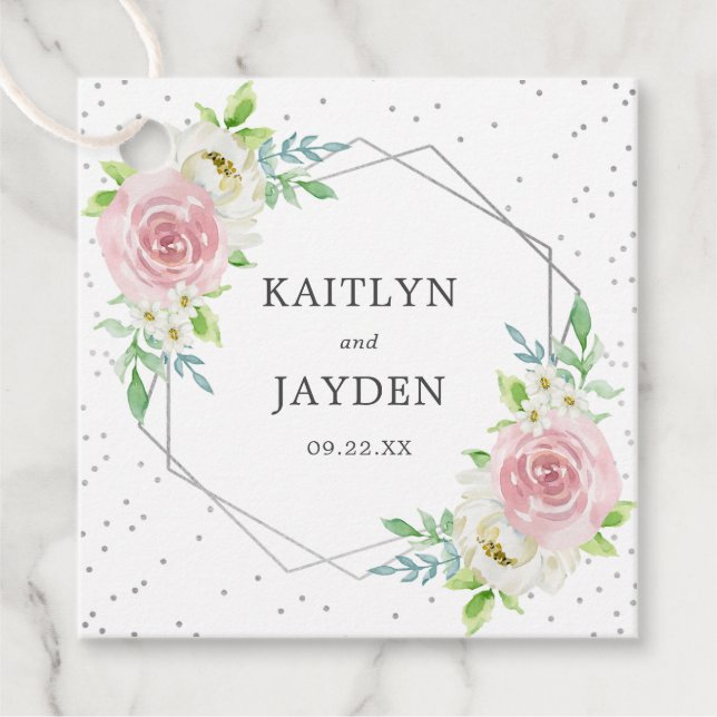 Chic Geometric Silver Foil Floral Wedding Geschenkanhänger (Vorderseite)