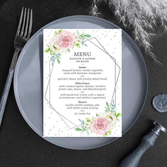 Chic Geometric Silver Foil Floral Wedding Menükarte (Von Creator hochgeladen)