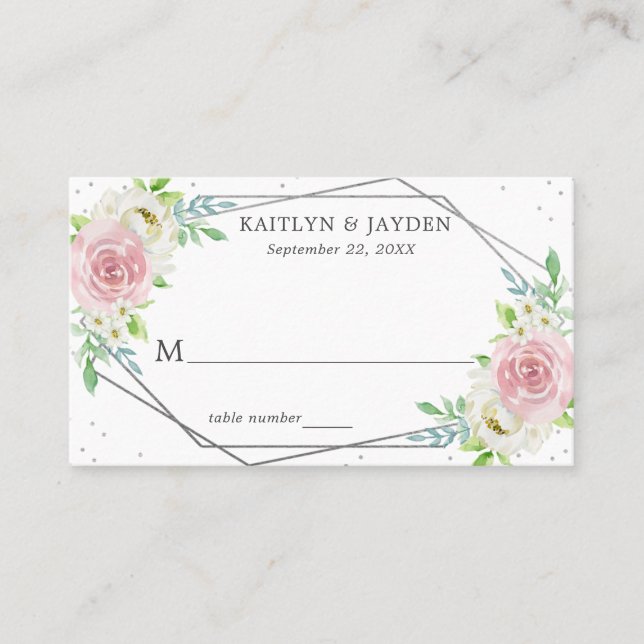 Chic Geometric Silver Foil Floral Wedding Platzkarte (Vorderseite)