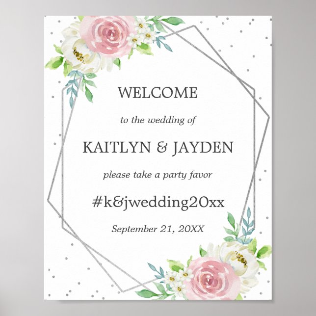 Chic Geometric Silver Foil Floral Wedding Poster (Vorne)