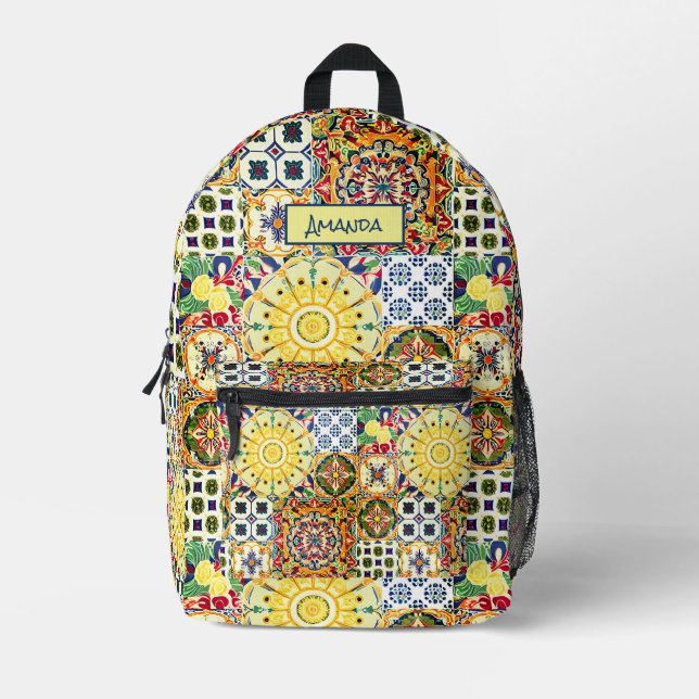 Chic geometrisch mediterrane orangefarbene Fliesen Bedruckter Rucksack (Vorderseite)