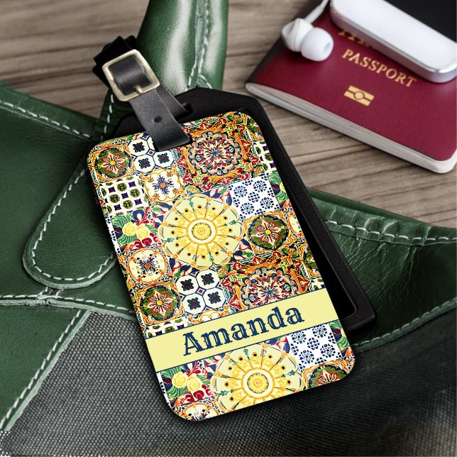 Chic geometrisch mediterrane orangefarbene Fliesen Gepäckanhänger (Von Creator hochgeladen)