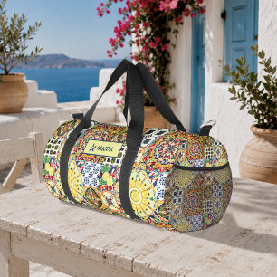 Chic geometrisches mediterranes orangefarbenes Fli Duffle Bag