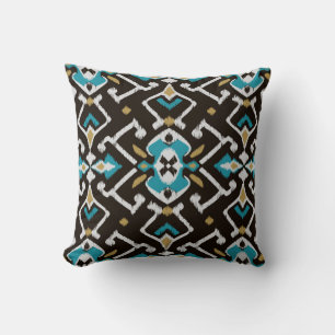 Chic geometrisches schwarzes aquamarines ikat kissen
