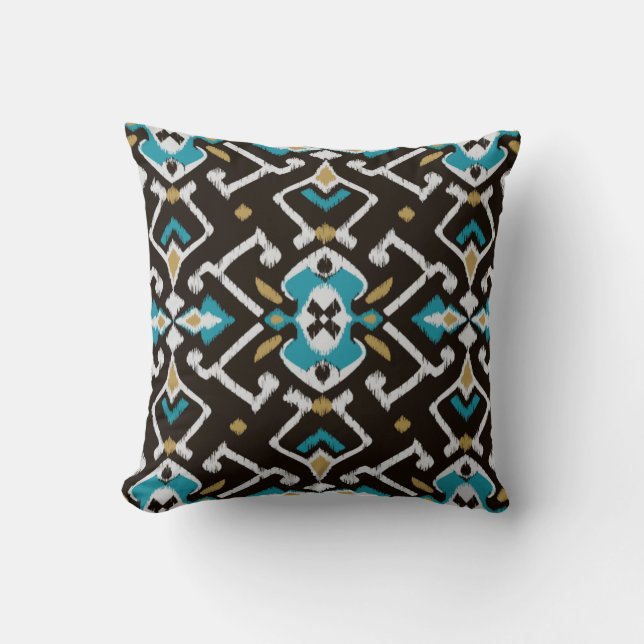 Chic geometrisches schwarzes aquamarines ikat kissen (Vorderseite)