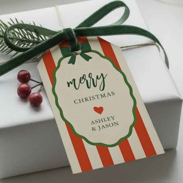 Chic gestreifte rot-grüne Retro-frohe Weihnachten Geschenkanhänger (Von Creator hochgeladen)