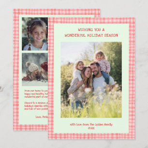 Chic Gingham Christmas Pink Green Custom 5 Foto Feiertagskarte