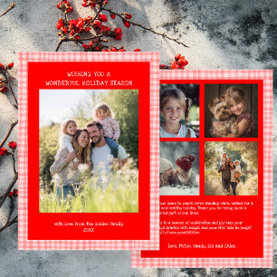 Chic Gingham Christmas Pink Red Custom 5 Foto Feiertagskarte