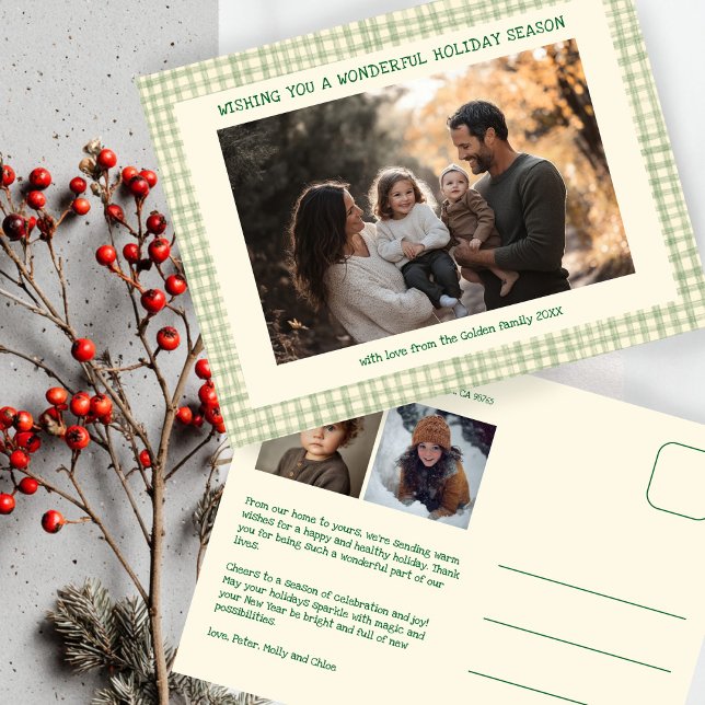 Chic Gingham Green Christmas Custom 3 Foto Feiertagspostkarte (Chic Gingham Green Yellow Soft Christmas Custom 3 Photo Holiday Postcard
)
