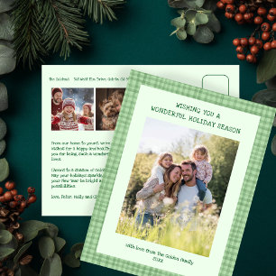 Chic Gingham Green Christmas Custom 3 Foto Feiertagspostkarte
