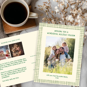 Chic Gingham Green Christmas Custom 3 Foto Feiertagspostkarte