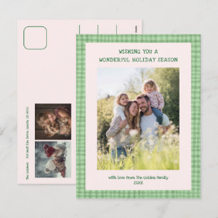 Chic Gingham Green Christmas Custom 3 Foto Feiertagspostkarte