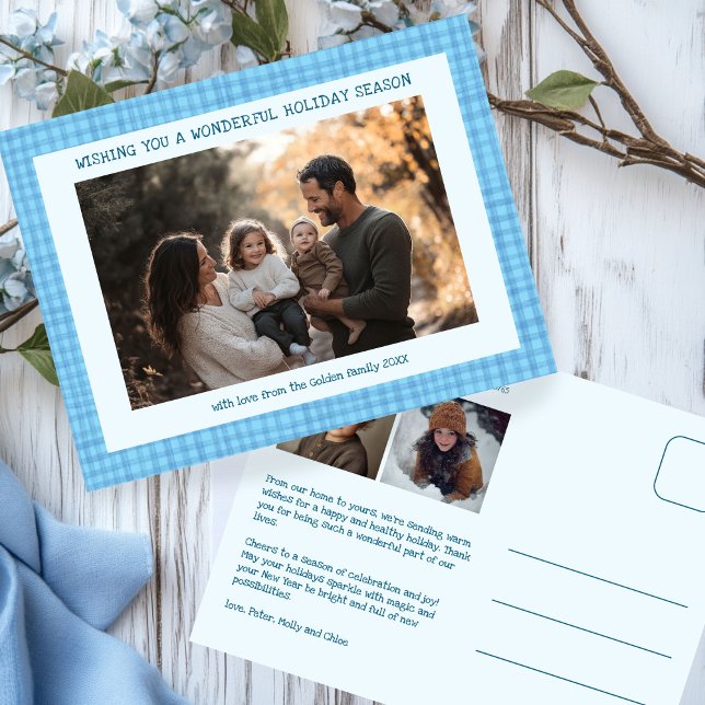 Chic Gingham Hanukkah Christmas Custom 3 Foto Feiertagspostkarte (Chic Gingham Plaid Handmade Hanukkah Christmas Custom 3 Photo Holiday Postcard
)