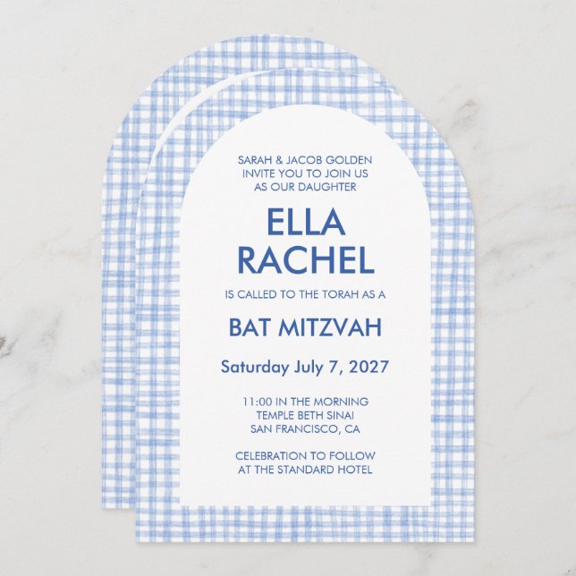 Chic Gingham Modern Custom QR Bat Bar Mitzvah Arch Einladung (Vorne/Hinten)