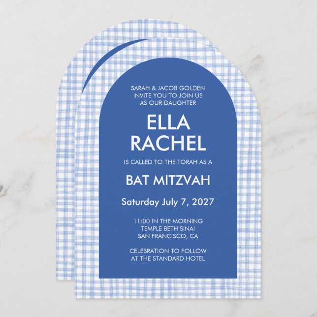 Chic Gingham Modern Custom QR Bat Bar Mitzvah Arch Einladung (Vorne/Hinten)
