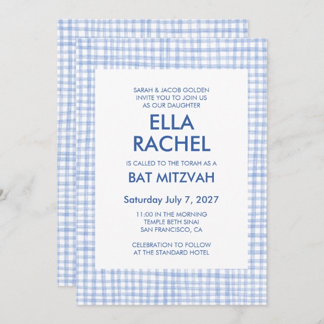 Chic Gingham Modern Custom QR CODE Bat Bar Mitzvah Einladung (Vorne/Hinten)