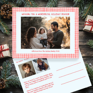 Chic Gingham Pink Blue Christmas Custom 3 Foto Feiertagspostkarte