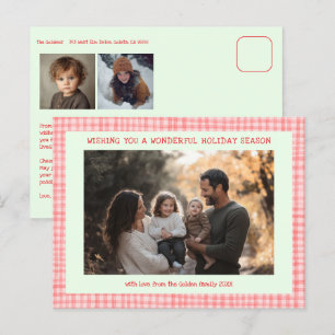 Chic Gingham Pink Green Christmas Custom 3 Foto Feiertagspostkarte