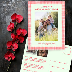 Chic Gingham Pink Green Christmas Custom 3 Foto Feiertagspostkarte