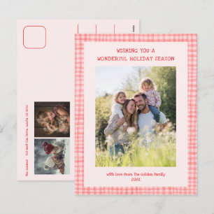 Chic Gingham Pink Red Christmas Custom 3 Foto Feiertagspostkarte