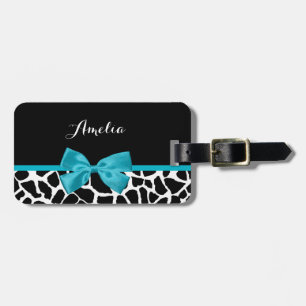 Chic Giraffe Print Aqua Blue Ribbon Bogen mit Name Gepäckanhänger