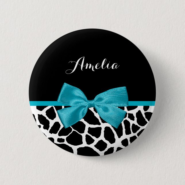 Chic Giraffe Print Aqua Blue Ribbon Bow mit Namen Button (Vorderseite)
