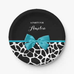 Chic Giraffe Print Aqua Blue Ribbon Bow mit Namen Pappteller