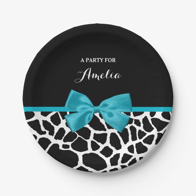 Chic Giraffe Print Aqua Blue Ribbon Bow mit Namen Pappteller (Vorderseite)