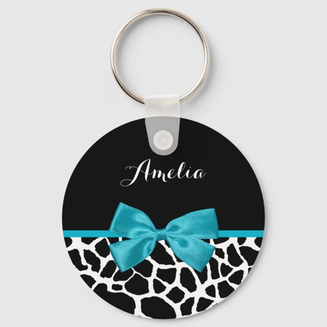 Chic Giraffe Print Aqua Blue Ribbon Bow mit Namen Schlüsselanhänger (Vorderseite)