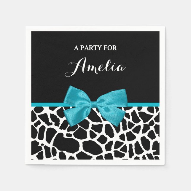 Chic Giraffe Print Aqua Blue Ribbon Bow mit Namen Serviette (Vorderseite)