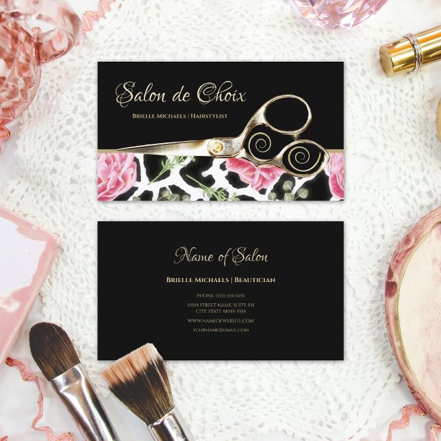 Chic Giraffe Print Pink Floral Gold Scheren Salon Visitenkarte (Chic Giraffe Print Pink Floral Gold Scissors Salon Business Cards)